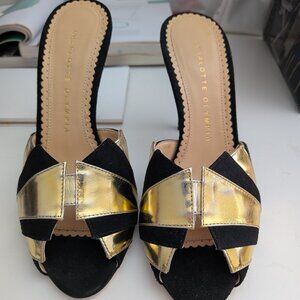 Charlotte Olympia Chrysie Black/Gold suede metallic calf skin size 7 / 37 EUC